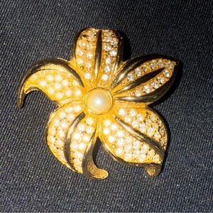 Dior Gold and Silver Crystal Brooch flower star crystal pearl signed authentic